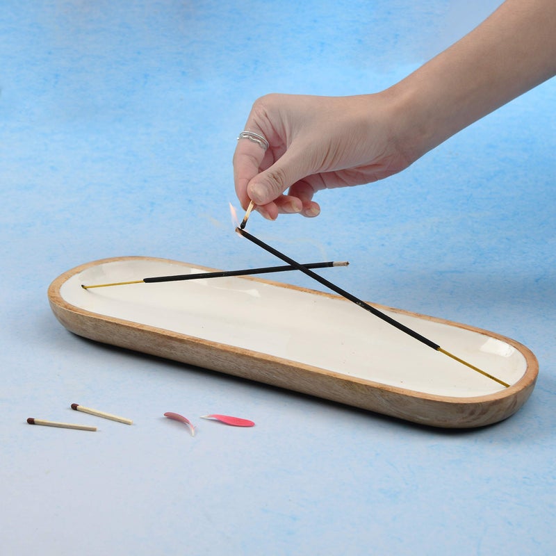 Folkulture Incense Holder for Home | Modern Incense Burner or Insence-Stick Holder for Gifts| Mango Wood Incense Tray Trough for Sticks 12 x 4 Inches, White - Image 3